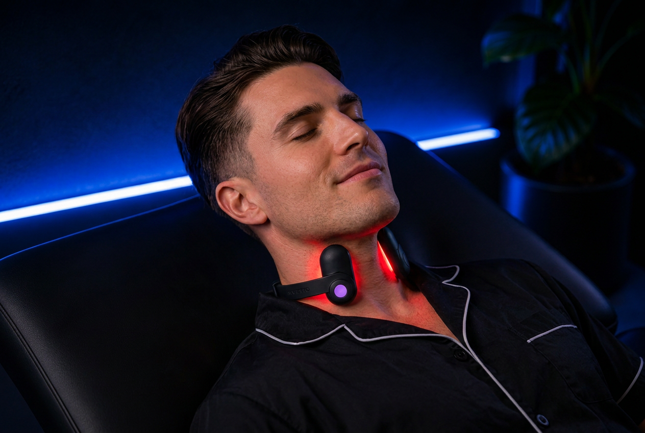 Pulsetto vagus nerve stimulator worn around the neck for stress relief